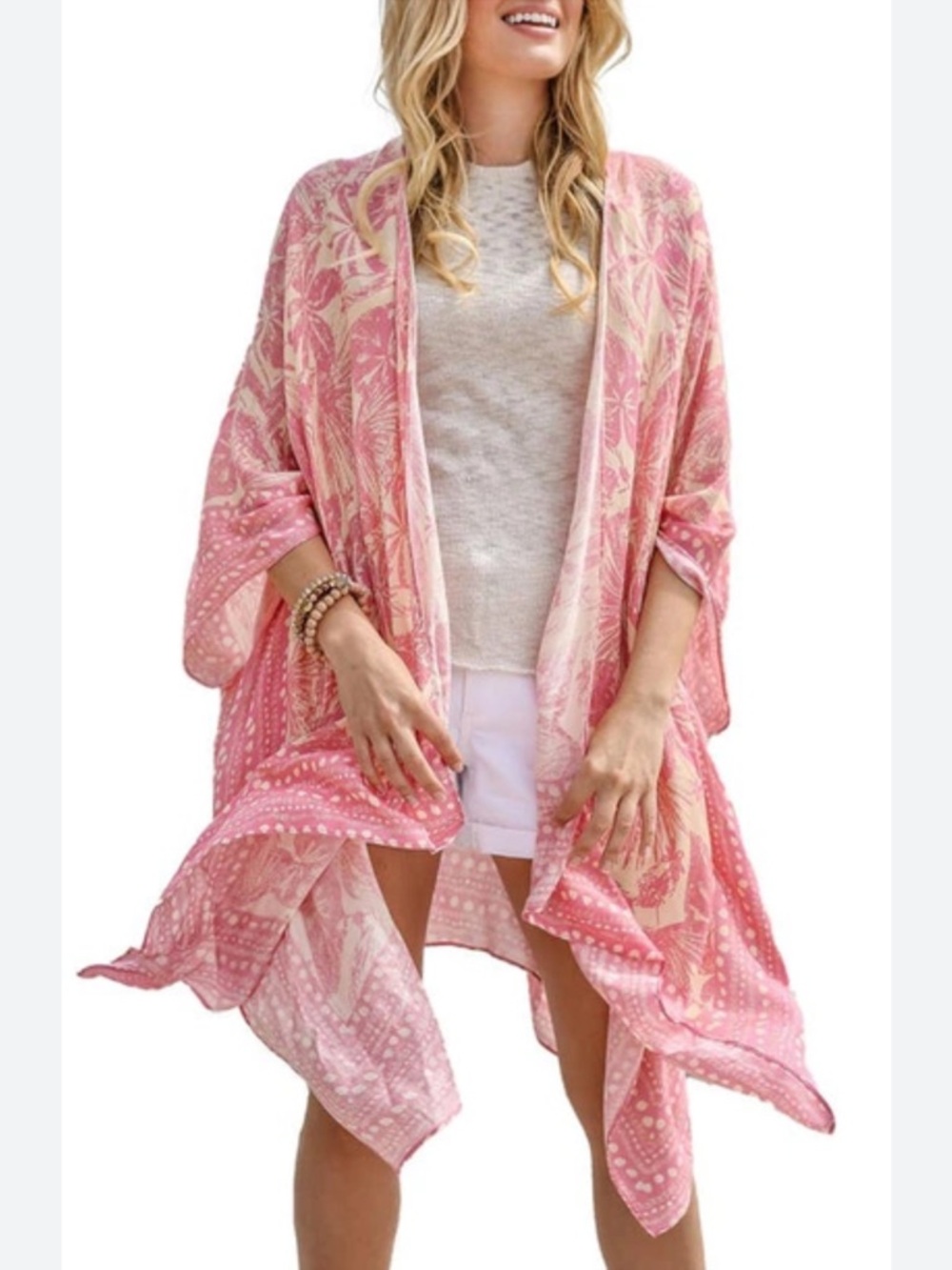 Saachi Printed Boho Peach Yellow Kaftan Kimono Cover Up OS Coastal Cruise Resort